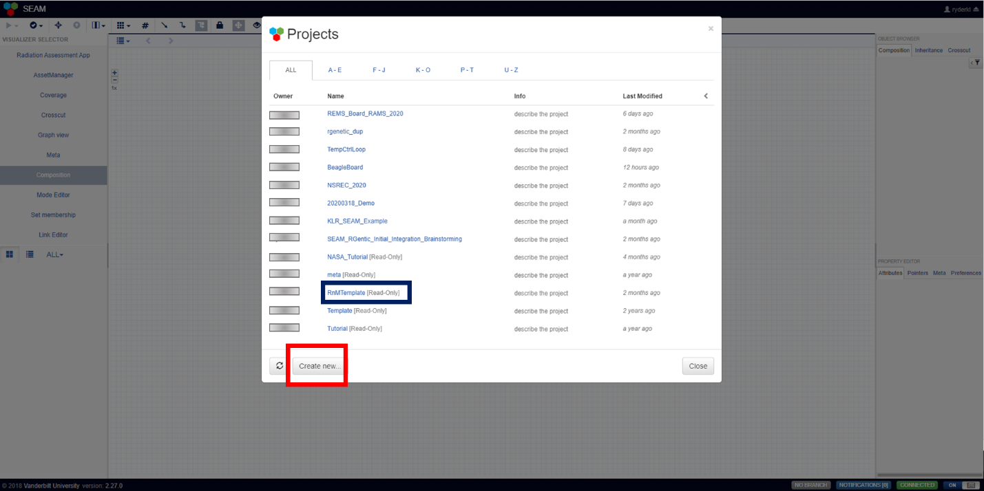 Projects page as seen after logging in to SEAM. The blue box shows an example existing project that can be opened. The red box shows the “Create new…” button.