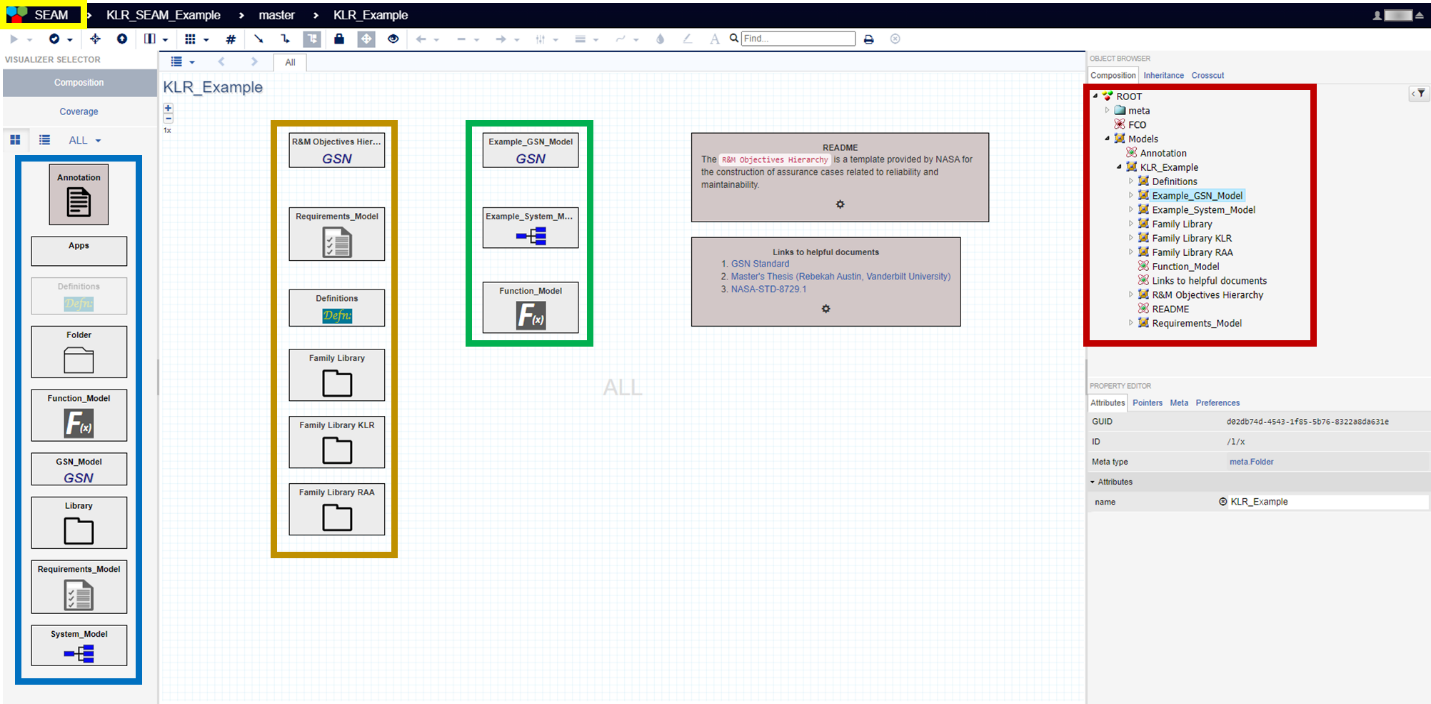 Project Main-Level. Libraries, resources, and models can be added by dragging the appropriate box from toolbar on the left (blue box). Libraries, resources, and models can be accessed by double-clicking the appropriate folder (gold and green boxes. Alternatively, subfolders can be accessed by using the navigation plane on the right (red box). Users can switch to different projects, create new projects, or import current projects by clicking on the SEAM logo in the upper left corner (yellow box)