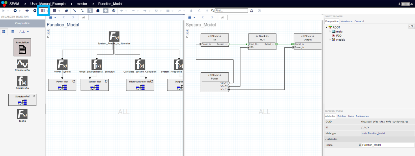 Split Screen View. Split screen can be activated/deactivated by clicking on the split screen icon in the upper left toolbar (blue box). Split screens also for simultaneous navigation of different areas of the project.