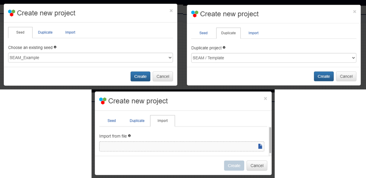 Figure III. 3. Project creation options. (Top left) Create new project using an existing seed, chosen from the dropdown menu. (Top right) Create new project by duplicating an existing project, also chosen from a dropdown menu. (Bottom) Create new project by importing a file.