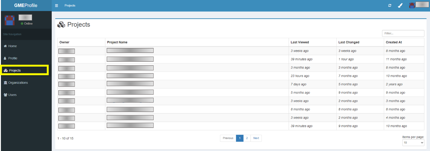  Projects page. Shows all the projects a user has access to and who the owner of the project is. Clicking on a project’s name will take you to the project’s information page.